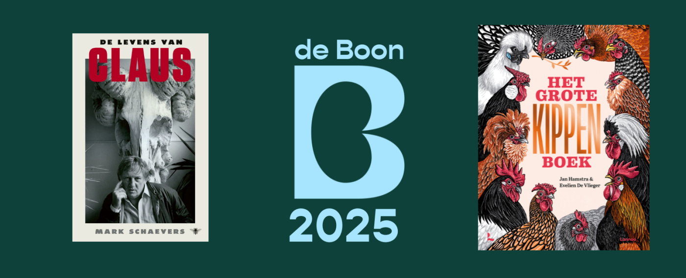 Cover boek Mark Schaevers over Hugo Claus, logo de Boon 2025, cover van Het Kippenboek